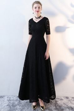 10% off now|Shop Long Black Lace Formal Dress Vneck with Half Sleeves online. All instock with free shipping. Pro since 2009. Black Fitted V-neck Dress With Short Sleeves, Black Fitted A-line V-neck Dress, Formal Fitted Black V-neck Dress, Formal Black Fitted V-neck Dress, Long Black Formal Dress, Long Black Dress Formal, Black Lace Formal Dress, Lace Prom Gown, Concert Dresses