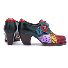 Stitching Delicate Flower Embossed Pumps – superladystar Multicolor Leather Heels With Buckle Closure, Western Leather Heels With Round Toe, Long Frock Designs, Long Frocks, Shoe Inspiration, Frock Design, Leather Products, Delicate Flower, Shoe Size Chart