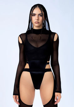 A playful fusion of the seen and unseen. This ensemble features an opaque bodysuit made from soft and stretchy imitation leather combined with a hooded, loose fitting mesh top and skin tight garters. The fabrics mold to your body like a second skin, while the textures interact and complement each other. Take your rave experience to the next level, without compromising on comfort. Mesh