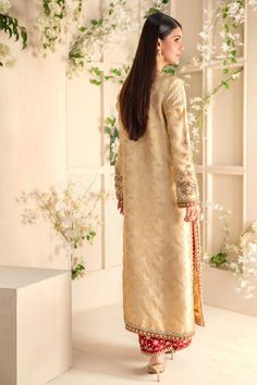 Zargul | Pakistani Designer Outfit | Sarosh Salman Gold Shawl, Net Shirt, Designer Outfit, Paisley Floral, Contemporary Classic, Pakistani Designers, Shirt Fabric, Cream And Gold, Raw Silk