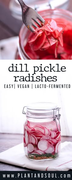 pickle radishes in a glass jar with a fork