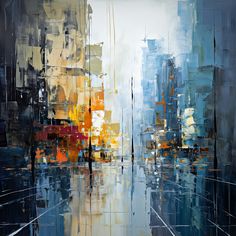 an abstract painting of cityscape with blue, yellow and red colors