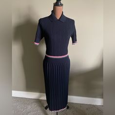 Brand New With Tags, Sold Out Everywhere Labeled Size 42 Thom Browne Polo Dress With Cable-Knit Bodice, Pleated Skirt, And Stripe Intarsia Spread Collar Short Sleeves; Ribbed Cuffs Ribbed Waistband A-Line Super Cute Navy Knit Dress In A Soft Stretchy Knit Flattering On Body. Would Fit A Size 4 To 6 Open To Offers Elegant Fitted Knitted Dress, Fitted Knit Midi Dress For Work, Fitted Navy Midi Dress For Daywear, Classic Fitted Midi Sweater Dress, Elegant Fitted Pointelle Knit Sweater Dress, Fitted Knitted Dresses, Formal Fitted Knit Dresses, Fitted Knit Dresses For Formal Occasions, Fitted Pointelle Knit Day Dress