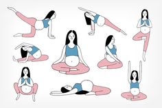 pregnant women doing yoga poses in various positions, including the legs and arms on their stomachs