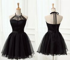 Tie Halter Little Black Dress Hoco Party Homecoming 8th Grade Formal Dresses For Teens Long Black, Semi Formal Black Dresses, Black Tulle Mini Dress For Prom Season, Black Organza Dresses For Prom, Black Tulle Mini Dress For Evening, Party Chiffon Dress With Tulle Skirt, Party Dress With Tulle Skirt In Chiffon, Black Chiffon Dress With Sheer Bodice, Black Sheer Tulle Mini Dress