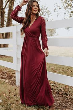 Red Lace Sleeve Faux Wrap Belted Maxi Dress Maxi Dress Outfit For Wedding, Long Sleeve Maxi Dress Outfit, Belted Maxi Dress, Burgundy Lace, Lace Splicing, Swimwear Dress, Beach Weddings, Sleeve Maxi Dress, Ruffled Maxi Dress