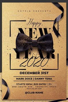 a new year party flyer with a black bow tie on the front and gold background