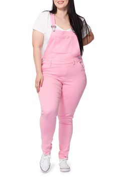 Handy pockets give utility to these stretch-denim overalls that are perfect for layering. Adjustable buckle straps; side button closures Square neck Bib pockets; front slant pockets; back patch pockets Unlined 58% cotton, 39% rayon, 3% spandex Machine wash, tumble dry Imported Pink Overalls Plus Size, Overalls Pink, Casual Pink Relaxed Fit Overalls, Fitted Pink Overalls With Pockets, Pink Cargo Pocket Cotton Jeans, Denim Overalls, Stretch Denim, Soft Pink, Denim Jeans