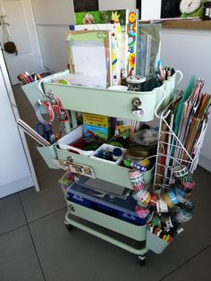 a cart filled with lots of stationary items