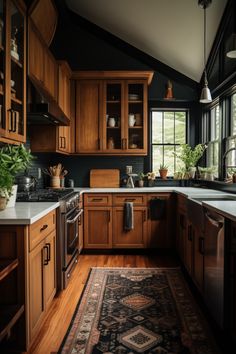 a kitchen with wooden cabinets and an area rug in front of the stove top oven