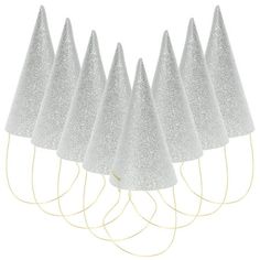 five silver glitter party hats on gold wire