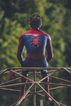 a man in a red and blue spider suit standing on a metal structure with trees in the background