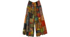 Saffron Streak Patchwork Wide Leg Bohemian Pants in Clothing - Revel in pure hippie bohemian aesthetic in these handmade patchwork wide leg pants! Made with soft and breathable organic cotton, these pants feature an orange overdye color scheme with unique patchwork designs that are sure to turn heads. Features: Split-Skirts-Pants, Patchwork, Striped. Bohemian Wide Leg Bottoms With Patchwork, Bohemian Cotton Bottoms With Patchwork, Bohemian Multicolor Wide Leg Pants, Multicolor Cotton Wide Leg Hippie Pants, Cotton Patchwork Pants Full Length, Hippie Style Cotton Wide Leg Pants For Festivals, Orange Cotton Festival Bottoms, Orange Cotton Bottoms For Festival, Summer Orange Patchwork Bottoms