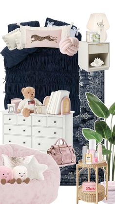 a collage of baby items including a teddy bear, crib, dresser and bed