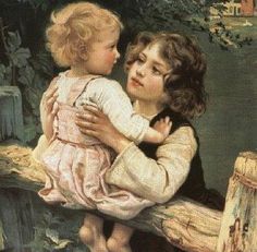 a painting of two children sitting on a tree branch with their arms around each other