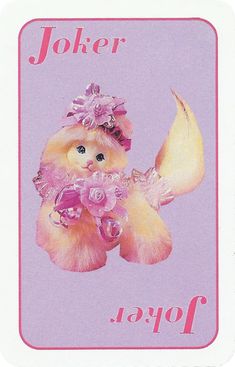 a card with an image of a teddy bear wearing a pink dress and holding a flower