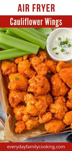 air fryer cauliflower wings with ranch dip and celery on the side