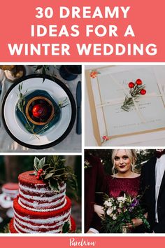 the cover of 30 dreamy ideas for a winter wedding, including cake and flowers