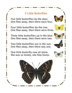 a butterfly poem with butterflies on it's back and the words, five little butterflies by the door