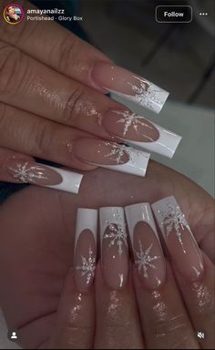 Holiday Nails Long Square, Winter Nails Square Long, Ongles Bling Bling, White French Nails, Winter Nails Acrylic, Snowflake Nails, Long Acrylic, Long Square Acrylic Nails