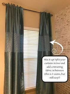 an image of a window with curtains in front of it and the words mix it up split your curtains in two and add contrasting fabric between them