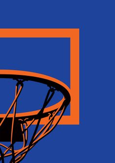 an orange and blue basketball hoop is seen against a blue background, with the rim partially visible