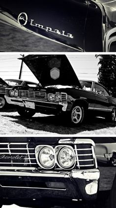 black and white photos of old cars with the hood open