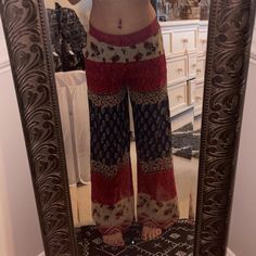 Boho Rose Wide Leg Pants Nwot Blue, Red, And Tan Rose Design Wide Leg Pants With Ruched Elastic Waistband. Brand Unknown. Size Small But Could Fit An Xs #Boho #Hippie #Fairycore #Indie Urban Outfitters Pants, Fairy Core, Rose Design, Boho Hippie, Leg Pants, Wide Leg Pants, Pant Jumpsuit, Red And Blue, Urban Outfitters