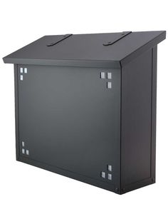 a black mailbox with two doors and three holes on the front, side view