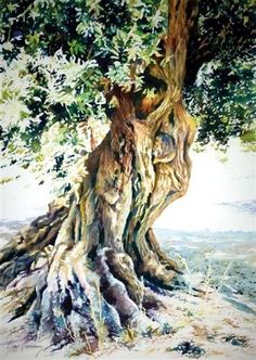 an oil painting of a tree with many roots