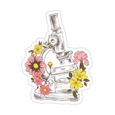 a sticker with flowers and a microscope