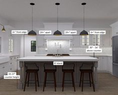 an image of a kitchen with measurements for the island and stools to fit in