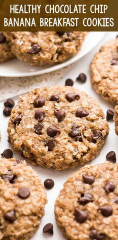 healthy chocolate chip banana breakfast cookies on a baking sheet with text overlay that says healthy chocolate chip banana breakfast cookies