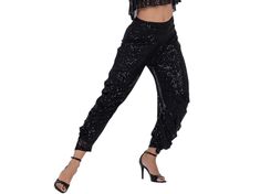 Sparkling sequin pants, Tango dance pants, Harem pants with gathers, Ballroom performance pants, Shiny cocktail party pants, Bachata pants Sequinned Harem Style Tango Pants With Gathers These glamorous Harem-style sparkling pants are ideal for your next glamorous Milonga.  Pair them with the matching sequin top or your favorite conDiva top : https://www.etsy.com/listing/1582540071/shiny-sequin-crop-top-tango-dance-crop Details : ✤ Stretch Paillette Fabric ✤ Tapered Fit With Ankle Cuffs ✤ Gathere Disco Stretch Bottoms With Sequins, Stretch Sequin Disco Bottoms, Sequin Stretch Disco Pants, Disco Style Sequin Stretch Pants, Black Disco Bottoms With Sequins, Black Sequined Disco Bottoms, Fitted Sequin Bottoms For Dance, Cocktail Party Pants, Tango Pants