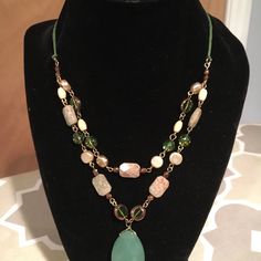 Two Tiered Stone, Fresh Water Pearls And Glass Beads. Large Faceted Green Stone Drop. Measures 16 Inches With A 2 1/2 Inch Extender. Large Bead Necklace, Multi Chain Necklace, Lampwork Jewelry, Blue Charm, Necklace Ideas, Jewelry Stone, Cluster Necklace, Fresh Water Pearls, Lia Sophia