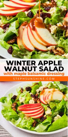 An apple walnut salad on a plate with maple balsamic dressing being poured on top; text says, "winter apple walnut salad with maple balsamic dressing." Maple Balsamic Dressing, Apple Walnut Salad, Vegan Feta, Vegan Feta Cheese, Maple Balsamic, Apple Walnut, Walnut Salad, Balsamic Dressing