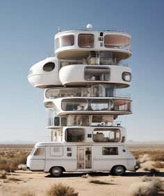 a bus is stacked on top of each other in the desert