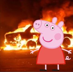 peppa pig standing in front of a car on fire