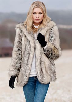 Grey Fox Hooded Faux Fur Jacket | Womens Faux Fur Jackets Jacket Women Outfit, Fur Jacket Outfit, Fur Hooded Coat, Fur Jacket Women, Faux Fur Hooded Coat, Jacket Outfit Women, Grey Fox, Fabulous Furs, Hooded Faux