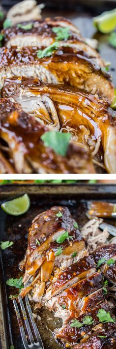 three different views of food being cooked on a grill with green garnishes