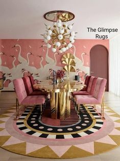 a pink and gold dining room with flamingos on the wall, chandelier and chairs