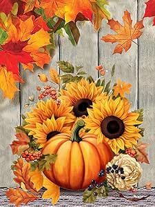 a painting of sunflowers and pumpkins on a table with autumn leaves around them