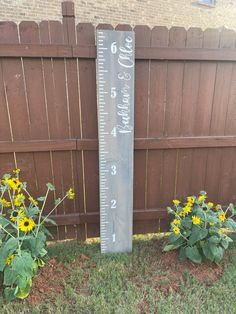 a tall ruler sitting in the grass next to some sunflowers and a fence