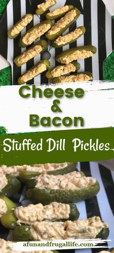 cheese and bacon stuffed dill pickles on a black and white plate with green grass in the background