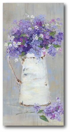 a painting of purple and white flowers in a white pitcher on a gray tablecloth