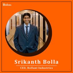 a man wearing a suit and tie standing in front of an orange circle with the words srinth bolla on it