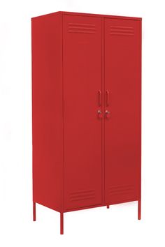 a red metal locker with two doors