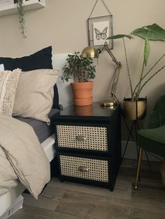 a bed room with a neatly made bed and two plants on top of the nightstands