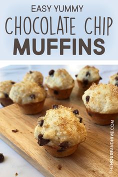 chocolate chip muffins on a cutting board with text overlay