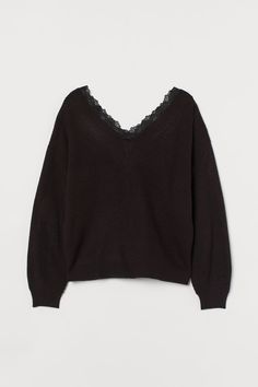 Double-knit sweater with a wide  lace-trimmed V-neck. Dropped shoulders  wide sleeves  and snug cuffs. Ribbing at neckline  cuffs  and hem. Party Blouse, Lace Sweater, Double Knitting, Wide Sleeves, Lace Knitting, Knit Cotton, Knit Jumper, White Fashion, Fashion Company